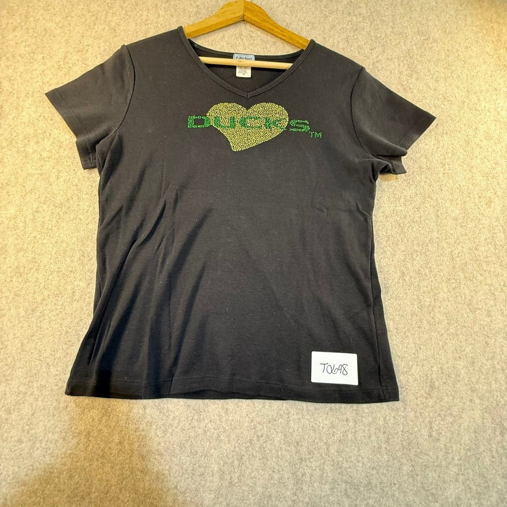 P.‎ Michael Oregon Ducks Rhinestone Heart V-Neck T-Shirt Black Womens Medium M